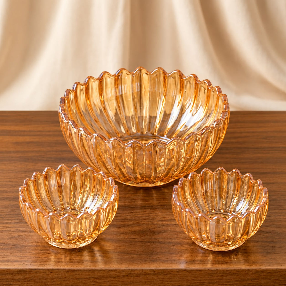 Luxury Amber Fluted Glass Dessert & Fruit Bowl Set 7 Pcs