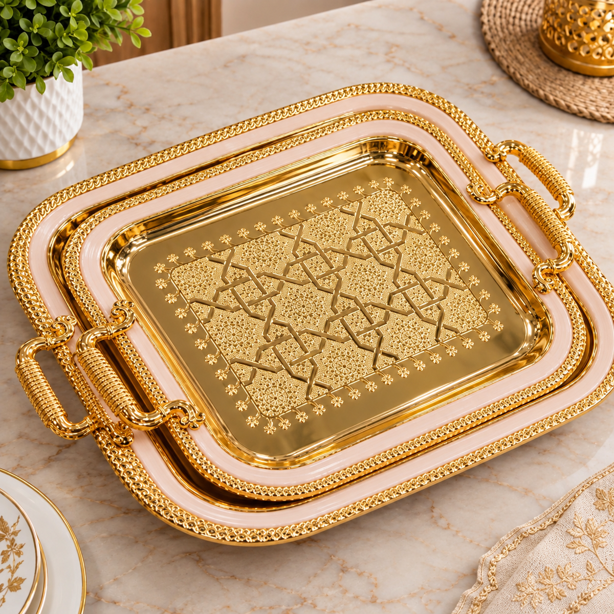 Luxury Ottoman Geometric Gold Serving Tray Set Of 3