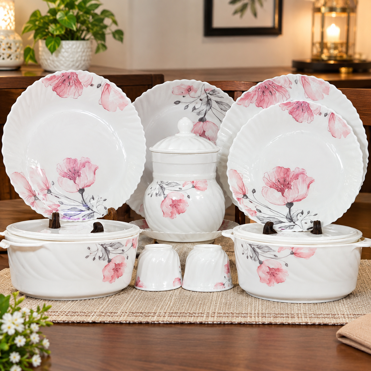 Blush Pink Blossom Opal Glass Dinnerware Set 72Pcs