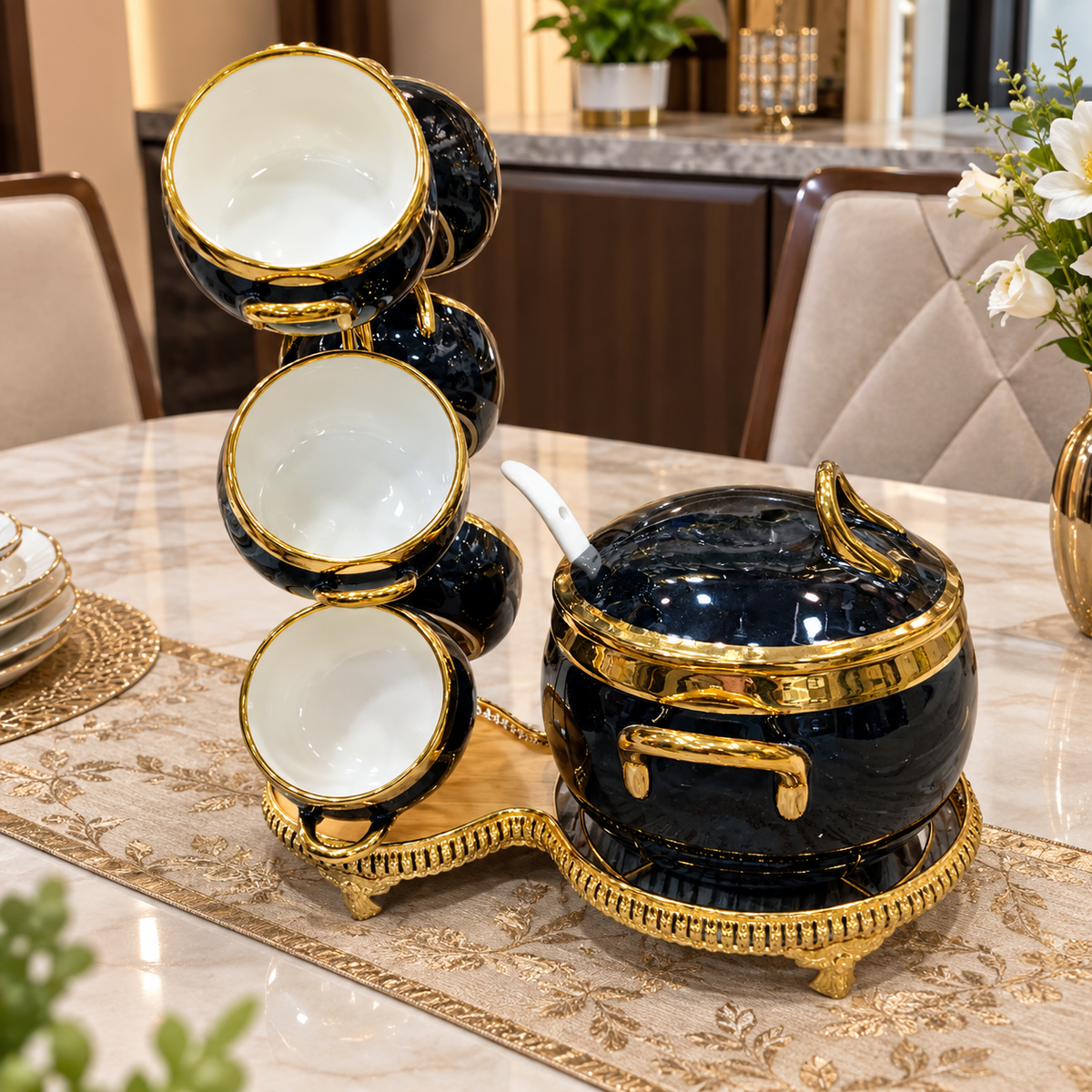 Luxury Black & Gold Ceramic Soup Set with Metal Stand