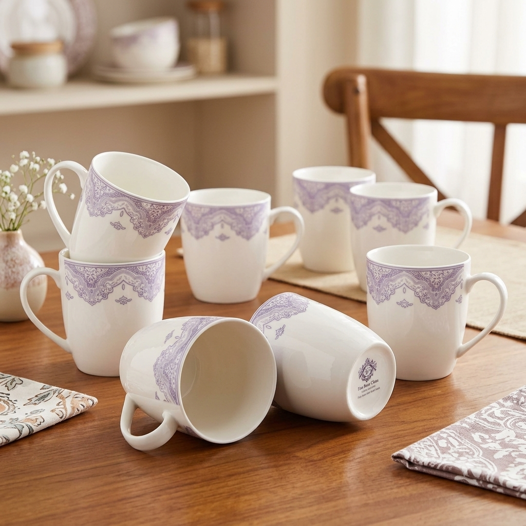 Vintage Purple Lace Border Ceramic Coffee Mugs Set Of 6