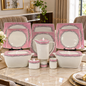EXTREME Luxury Blush Pink & Filigree Porcelain Dinnerware Square Edge set 61 Pcs