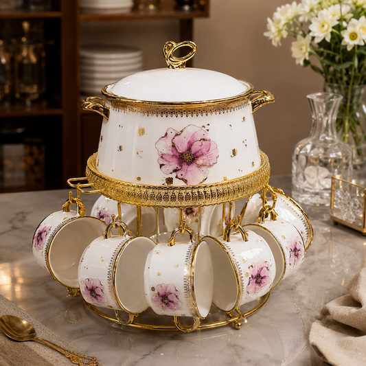 Elegant Floral Ceramic Soup Bowl set with Display Stand
