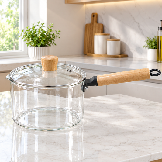 Heat-Resistant Transparent Glass Cooking Pot with Wooden Handle