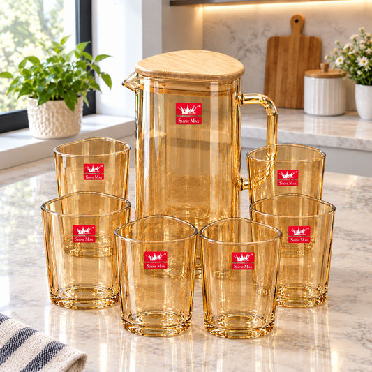 Luxury Honey-Gold Geometric Glass Water Pitcher & Drinkware Set