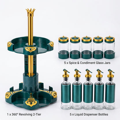 Luxury 2-Tier 360° Revolving Spice & Oil Dispenser Rack Set 11 Pcs