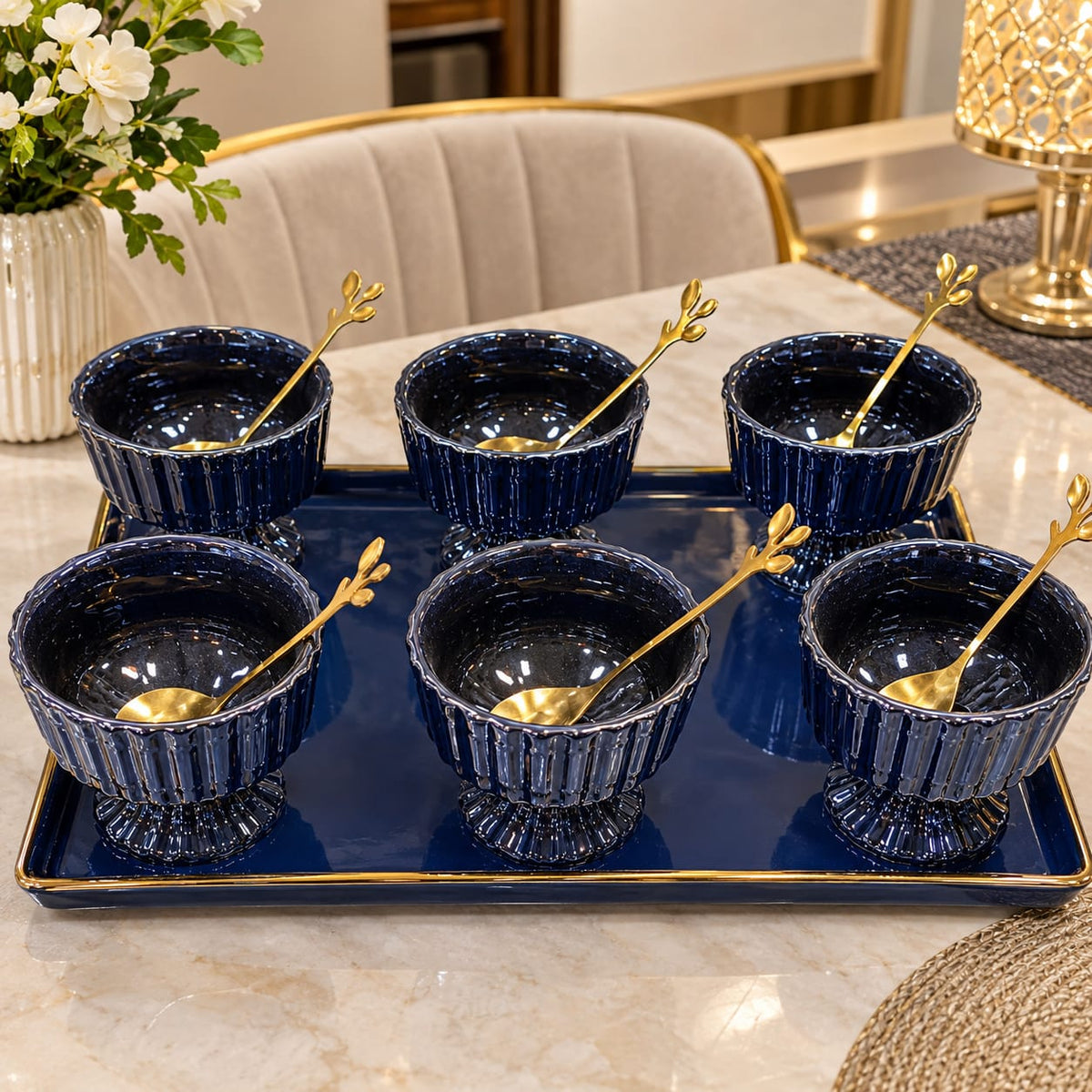 Royal Blue Ribbed Dessert Set with Tray/Gold Spoon