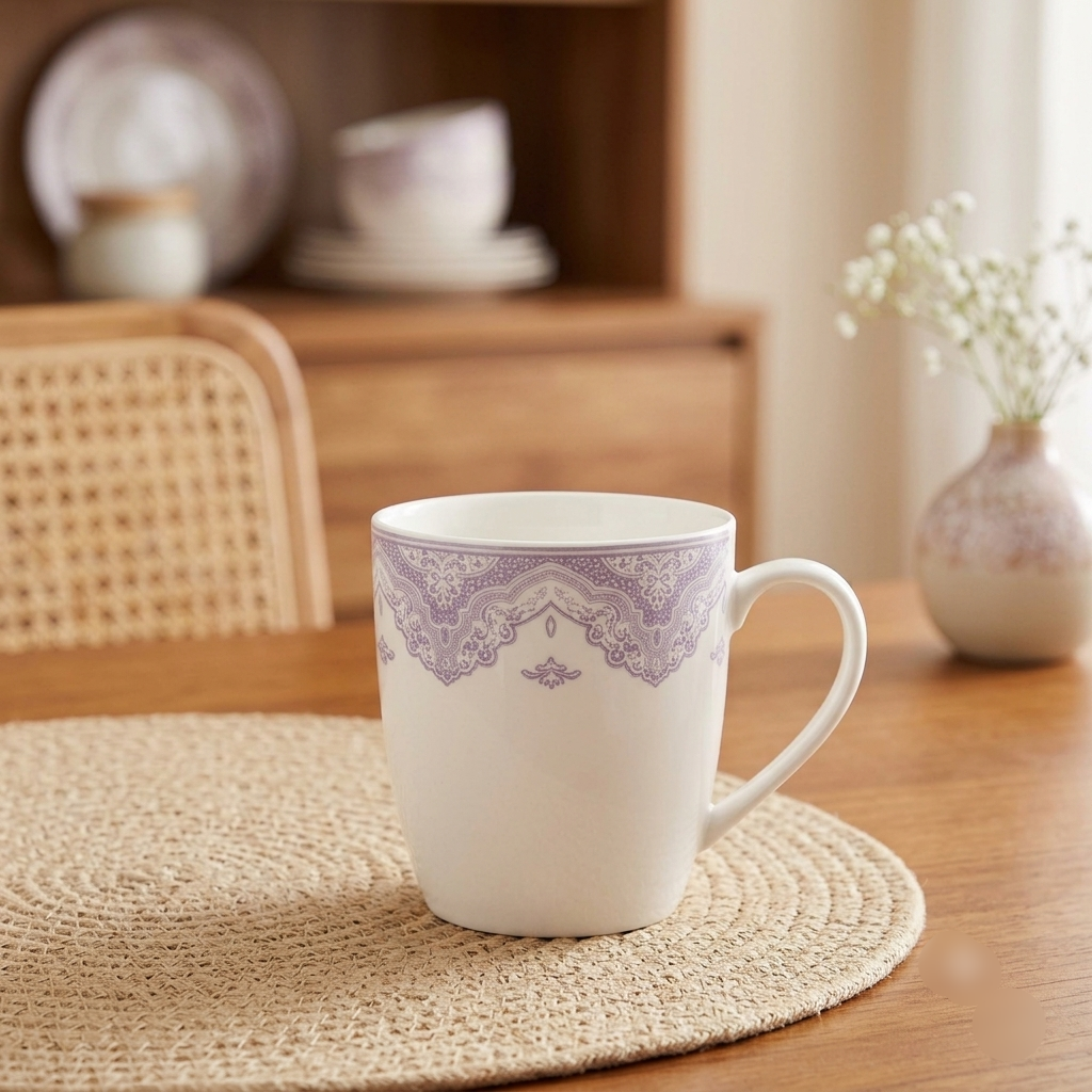 Vintage Purple Lace Border Ceramic Coffee Mugs Set Of 6