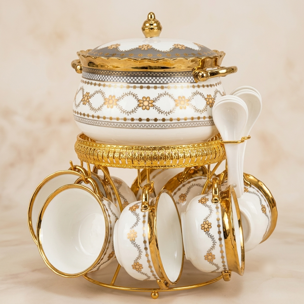 Royal Gold Porcelain Soup & Bowl Set with Rack