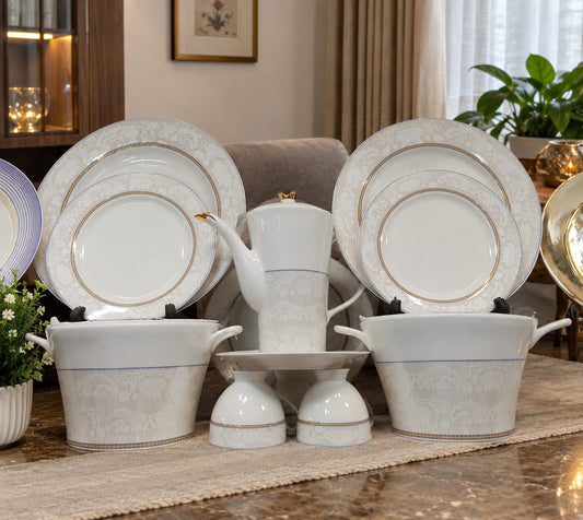 Premium White & Gold Damask Ceramic Dinnerware Set (61 Pcs)