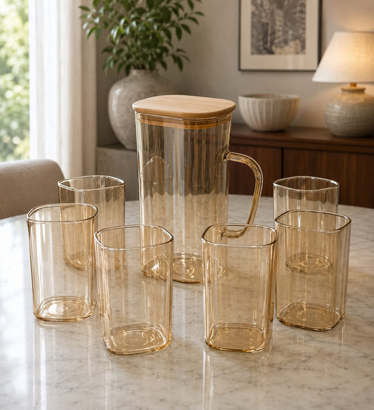 Elegant Amber Borosilicate Glass Pitcher & Highball Glass Set 7 Pcs