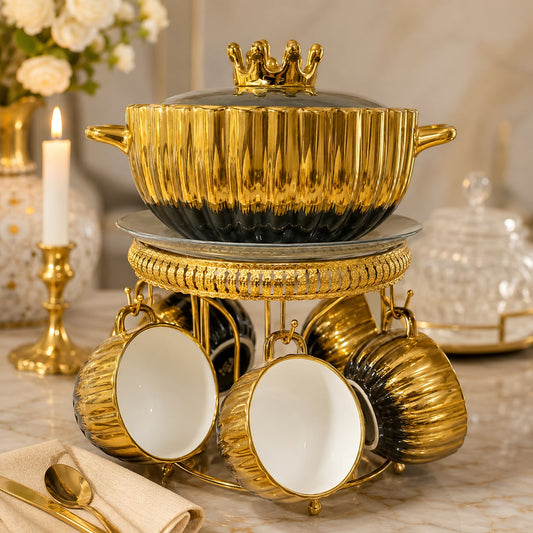 Elegant Gold Electroplated Soup Tureen Set with Metallic Stand & Bowls