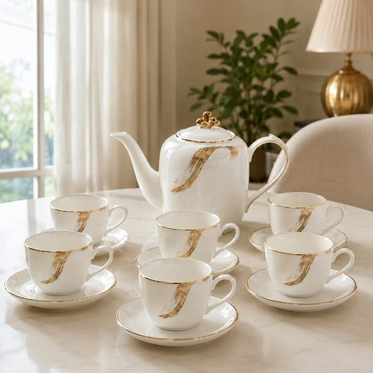 Royal Modern White & Gold Ceramic Tea Pot & Cup Set