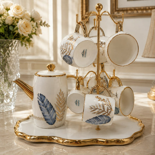Royal Botanical Fine Ceramic Tea Pot & Cup Set with Gold Metal Rack