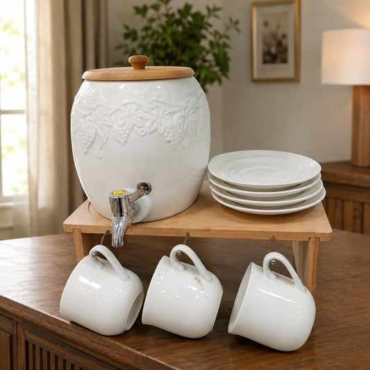 Luxury Embossed Ceramic Beverage Dispenser Set with Wooden Stand & Cups