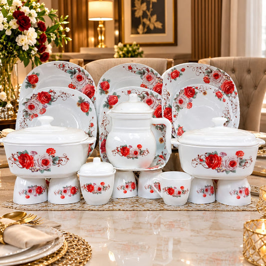 Vintage Crimson Floral White Porcelain Full Banquet Dinner Set