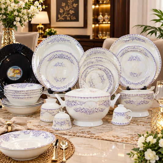 Vintage Royal Purple Scrollwork Porcelain Dinner Collection