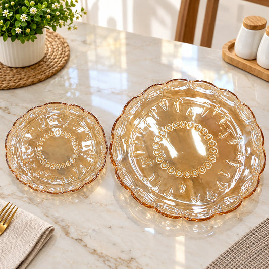 Vintage Amber Crystal Glass Dinner & Salad Plate Set