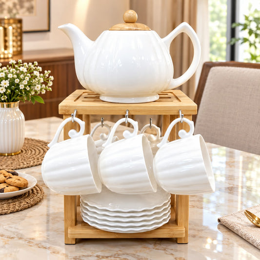 Fluted White Ceramic Tea Set with Wooden Lid & Bamboo Stand