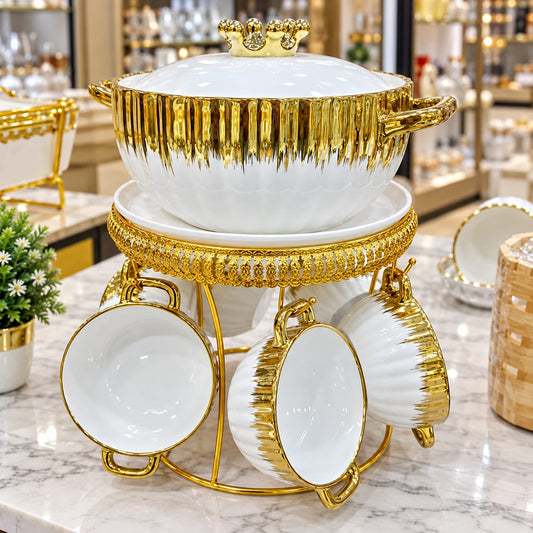 Imperial White & Gold Ceramic Soup Server with Stand (8 Pieces)