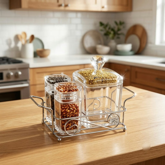 Modern Crystal-Clear Spice Container Set with Diamond Finial Lid & Metal Rack