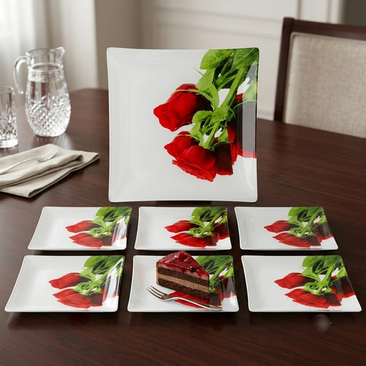 Elegant Rose Printed Ceramic Dessert & Cake Tray & Plates Set 7 Pcs