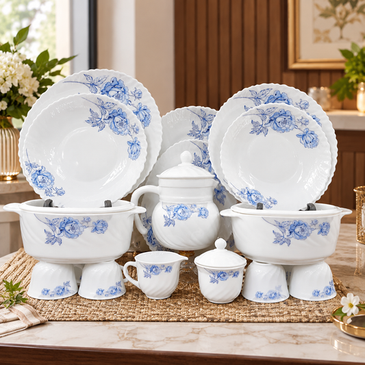 Blue Floral Opalware Dinnerware & Teaware Set 72 Pcs