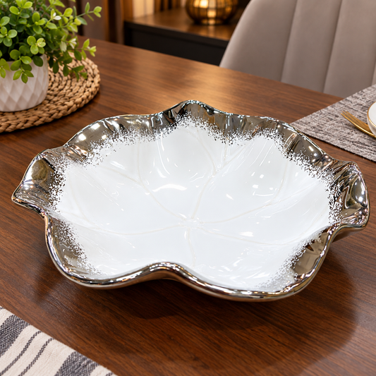 Silver-Trimmed Ceramic Flower dessert Bowl