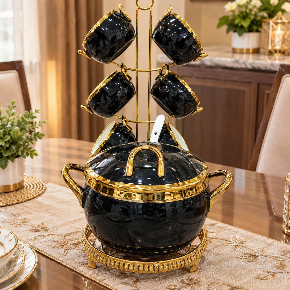 Luxury Black & Gold Ceramic Soup Set with Metal Stand
