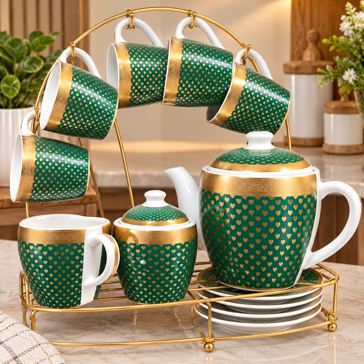 Emerald Green & Gold Polka Dot Tea Set