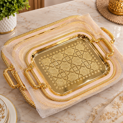 Luxury Ottoman Geometric Gold Serving Tray Set Of 3