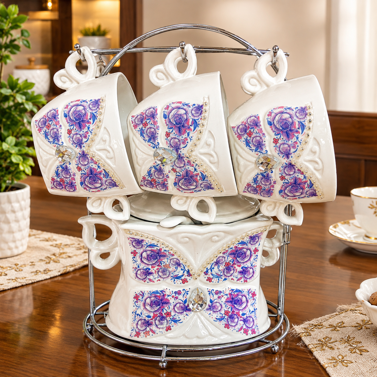 Purple Floral Porcelain Soup & Cup Set with Spoon & Stand