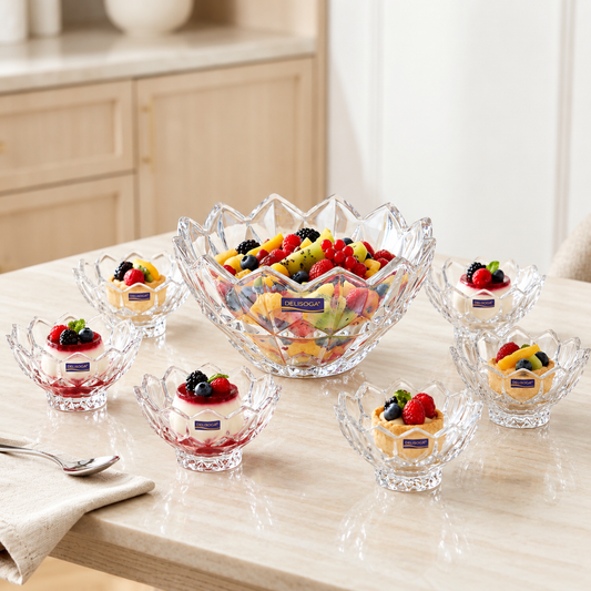 Crystal Cut Large Fruit Salad & Dessert Bowl Set 7 Pcs