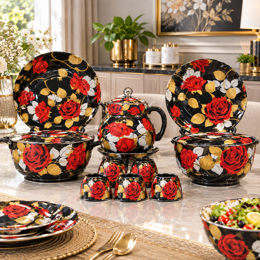 Midnight Crimson Rose Porcelain Dinnerware Set 72 Pcs