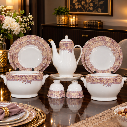 Royal Mauve & Gold Filigree Porcelain Tea & Dinnerware Set 61 Pcs