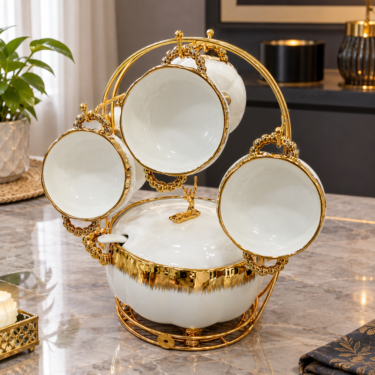 Luxury Gold-Trimmed Ceramic Soup Bowl and Cup Set